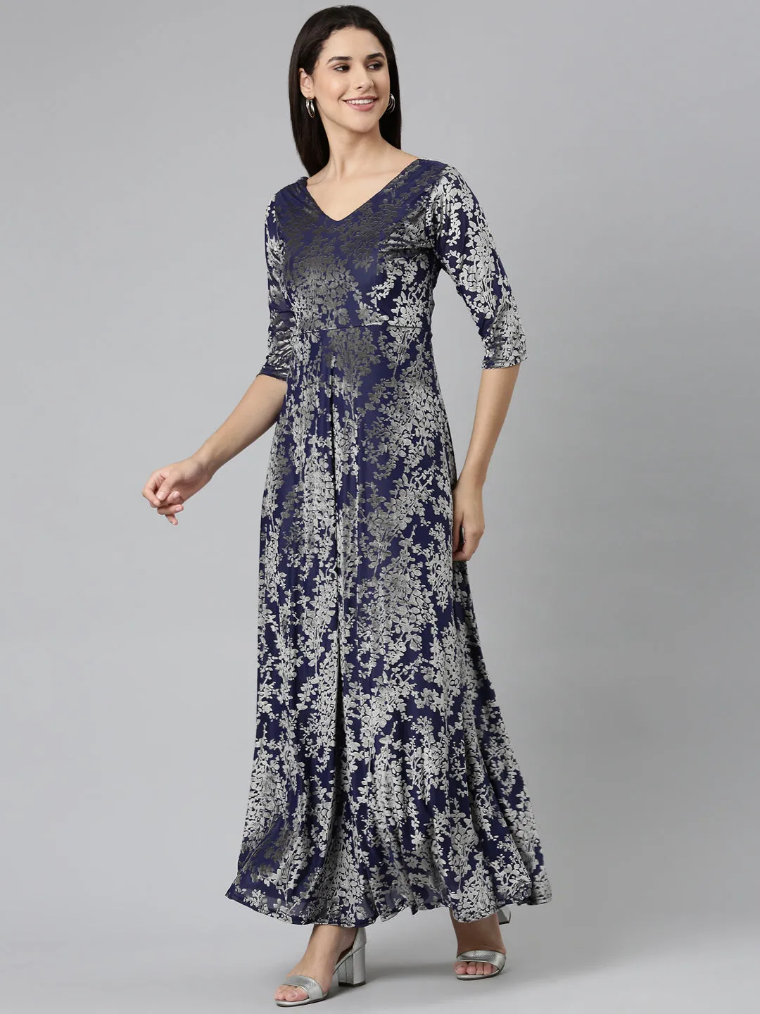 Women's Navy Blue Floral Print V-Neck Gown Maxi Dress Silky Surface Minimalist Fit