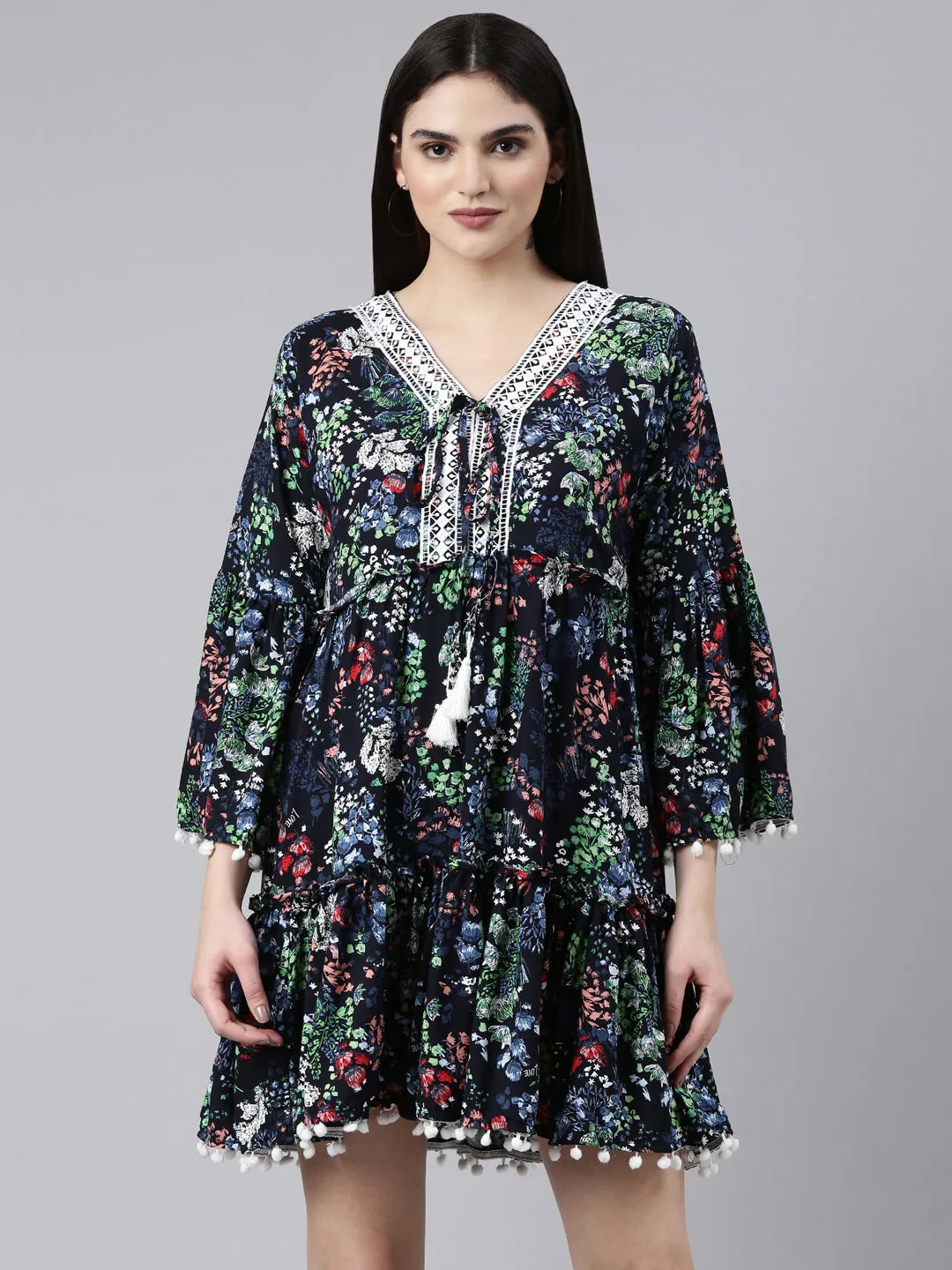 Chic Waistband Women's Navy Blue Floral Printed Fit & Flare Dress