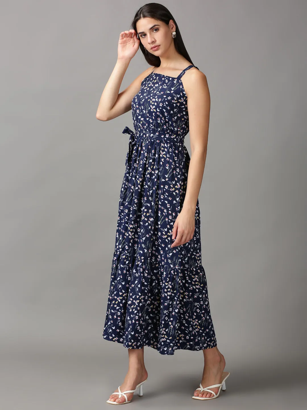 Light Layers Clean Touch Women's Navy Blue Floral Tiered Chiffon Fit & Flare Dress