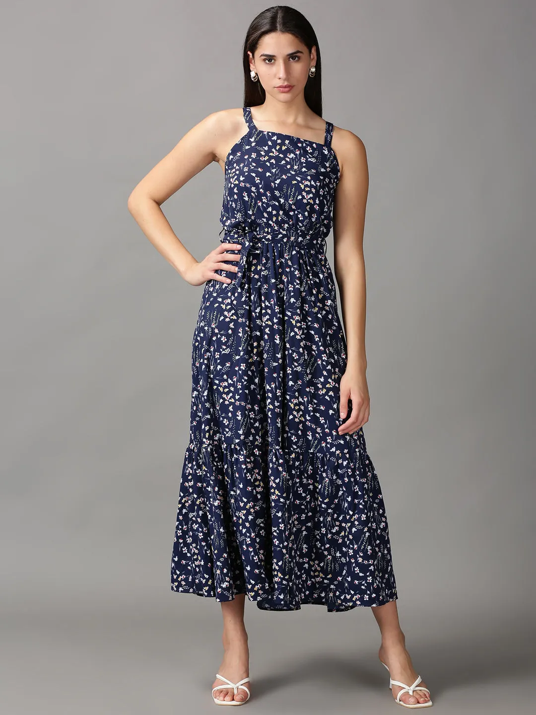 Chic and Elegant Women's Navy Blue Floral Tiered Chiffon Fit & Flare Dress
