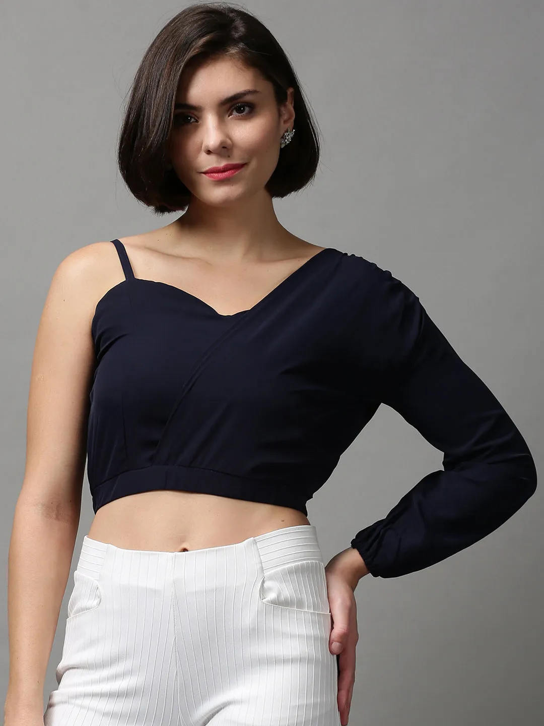Women's Navy Blue One Shoulder Crepe Wrap Crop Top Effortless Layer Stylish Look