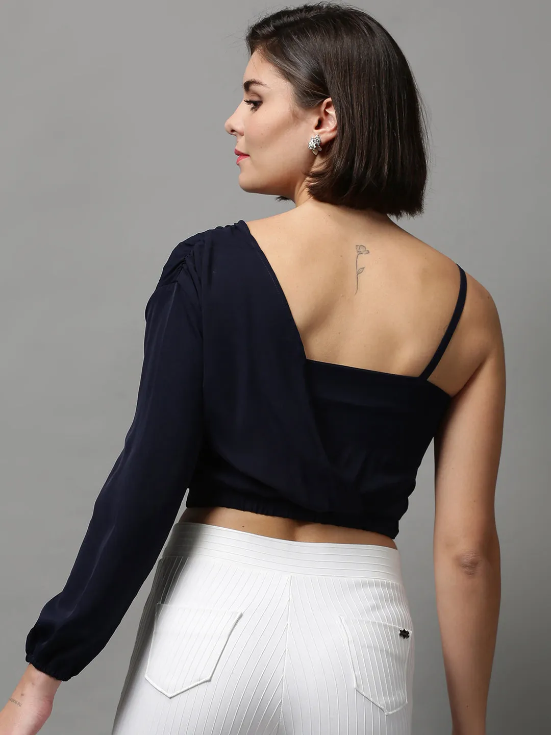 Women's Navy Blue One Shoulder Crepe Wrap Crop Top Light and Fresh DoubleLayeredCollar