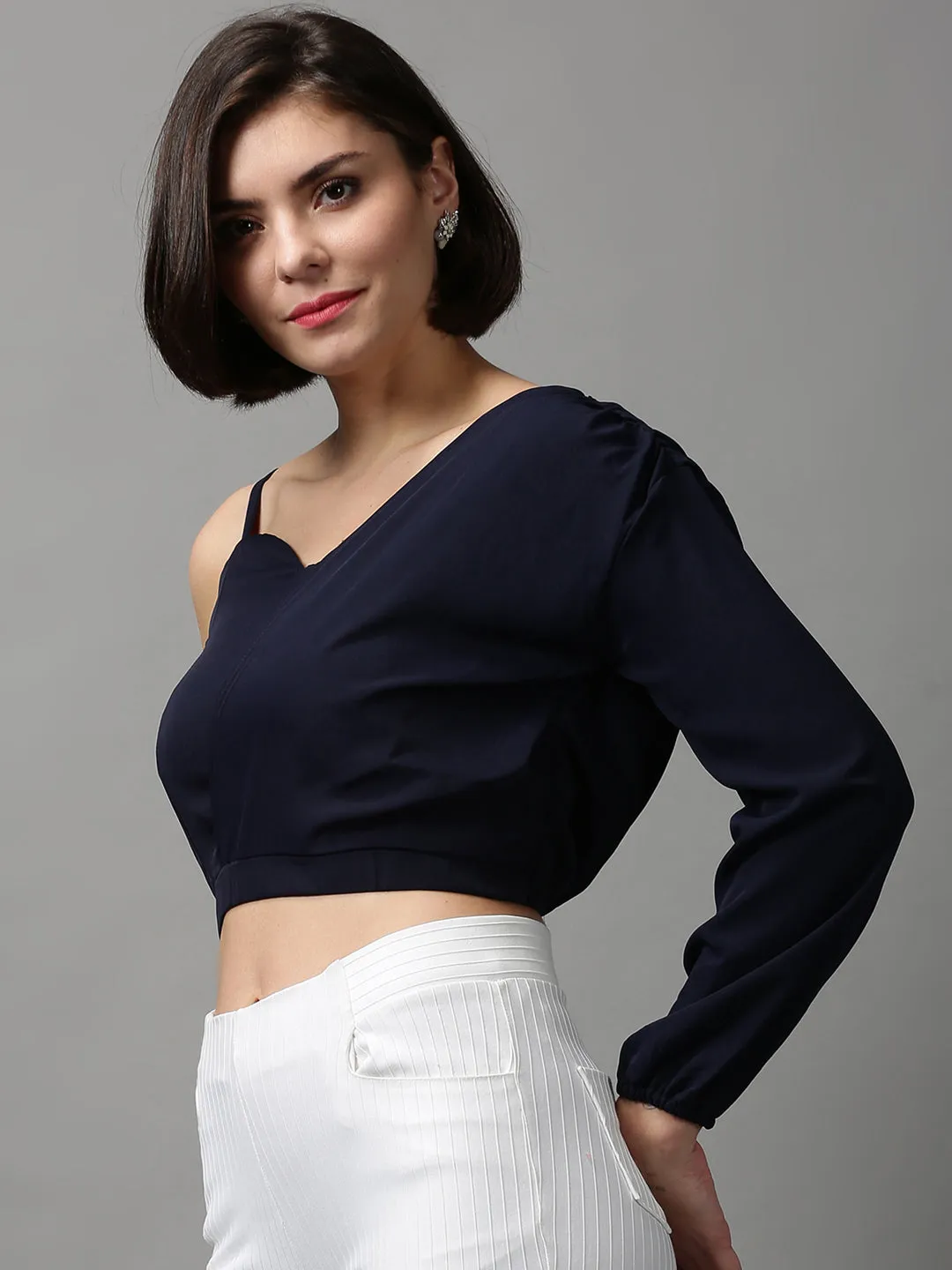 Fade Resistant Coating Women's Navy Blue One Shoulder Crepe Wrap Crop Top