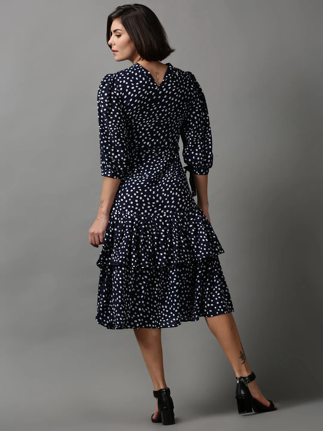 Women's Navy Blue Polka Dot Printed Layered Chiffon Dress Timeless Piece