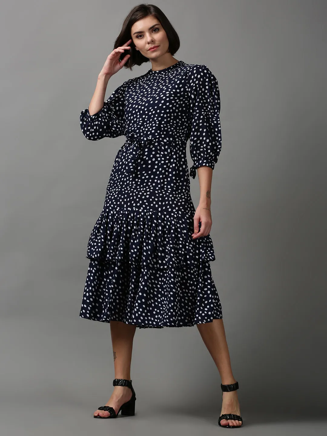 Women's Navy Blue Polka Dot Printed Layered Chiffon Dress Comfy Layers