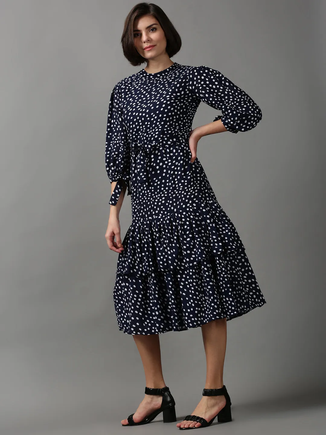 Women's Navy Blue Polka Dot Printed Layered Chiffon Dress Silky Silhouette Sleek Vibe
