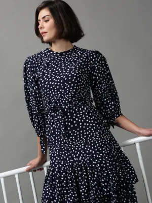 Chic Tailoring Design Women's Navy Blue Polka Dot Printed Layered Chiffon Dress