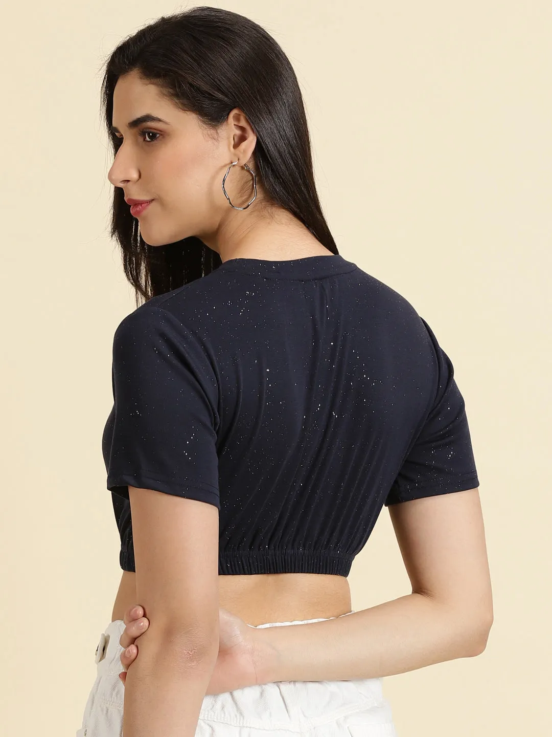 Women's Navy Blue Printed Cinched Waist Crop Top TearResistant Fabric Seasonal top