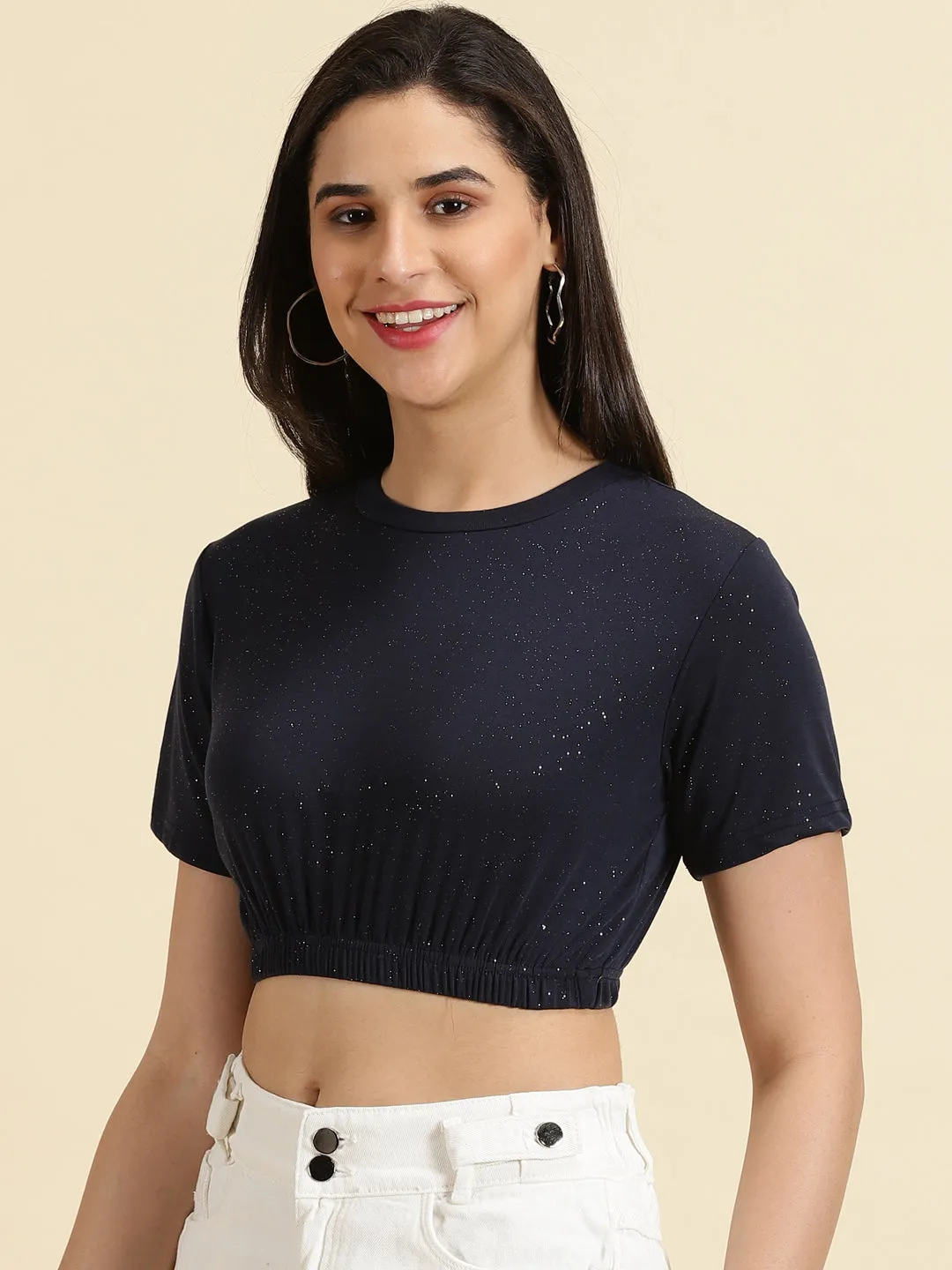 Women's Navy Blue Printed Cinched Waist Crop Top Cool and Relaxed