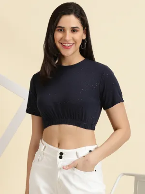 Classic Layering Women's Navy Blue Printed Cinched Waist Crop Top