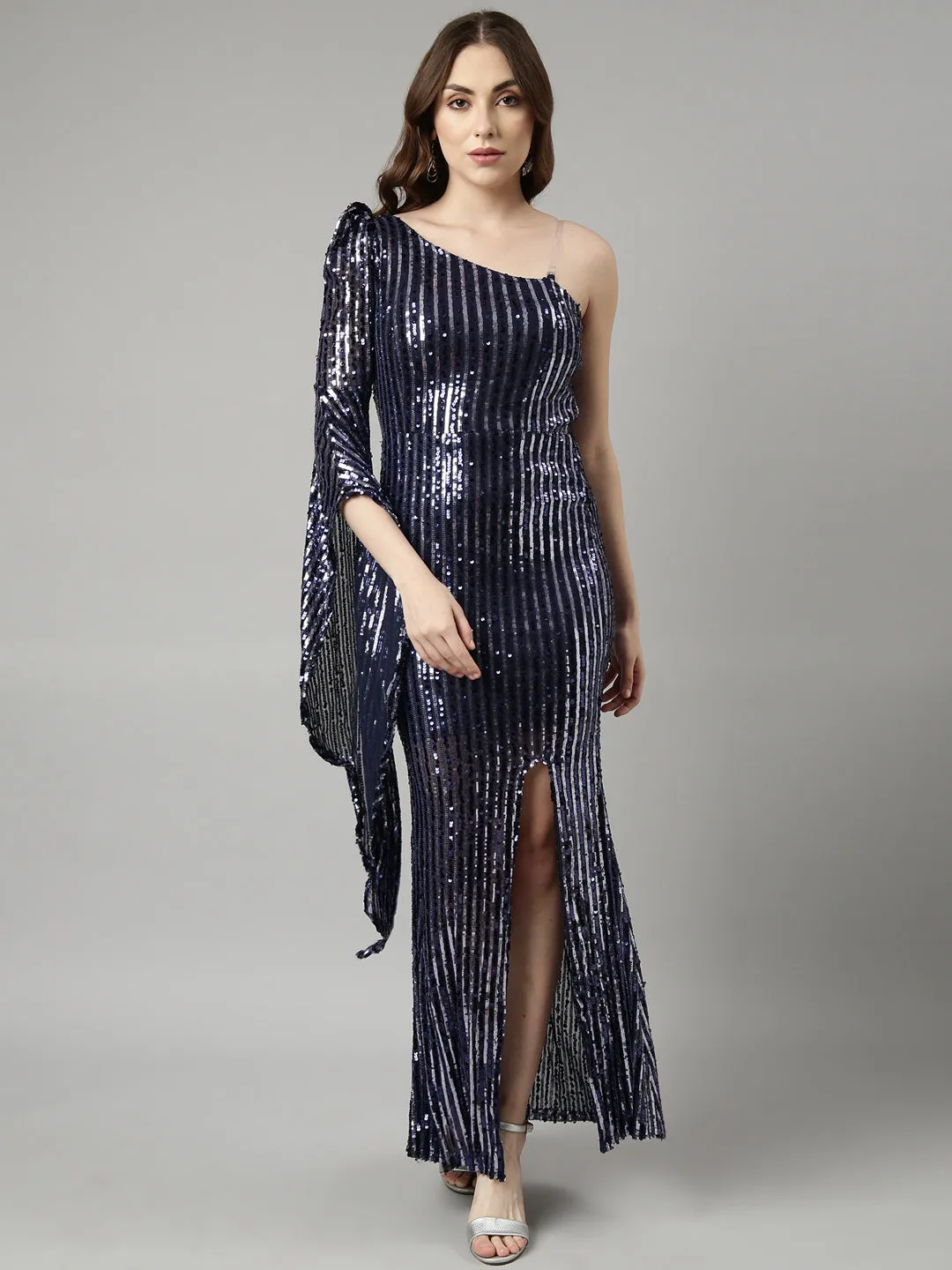 Warm Season Women's Navy Blue Sequinned Embellished Bell Sleeve Bodycon Dress