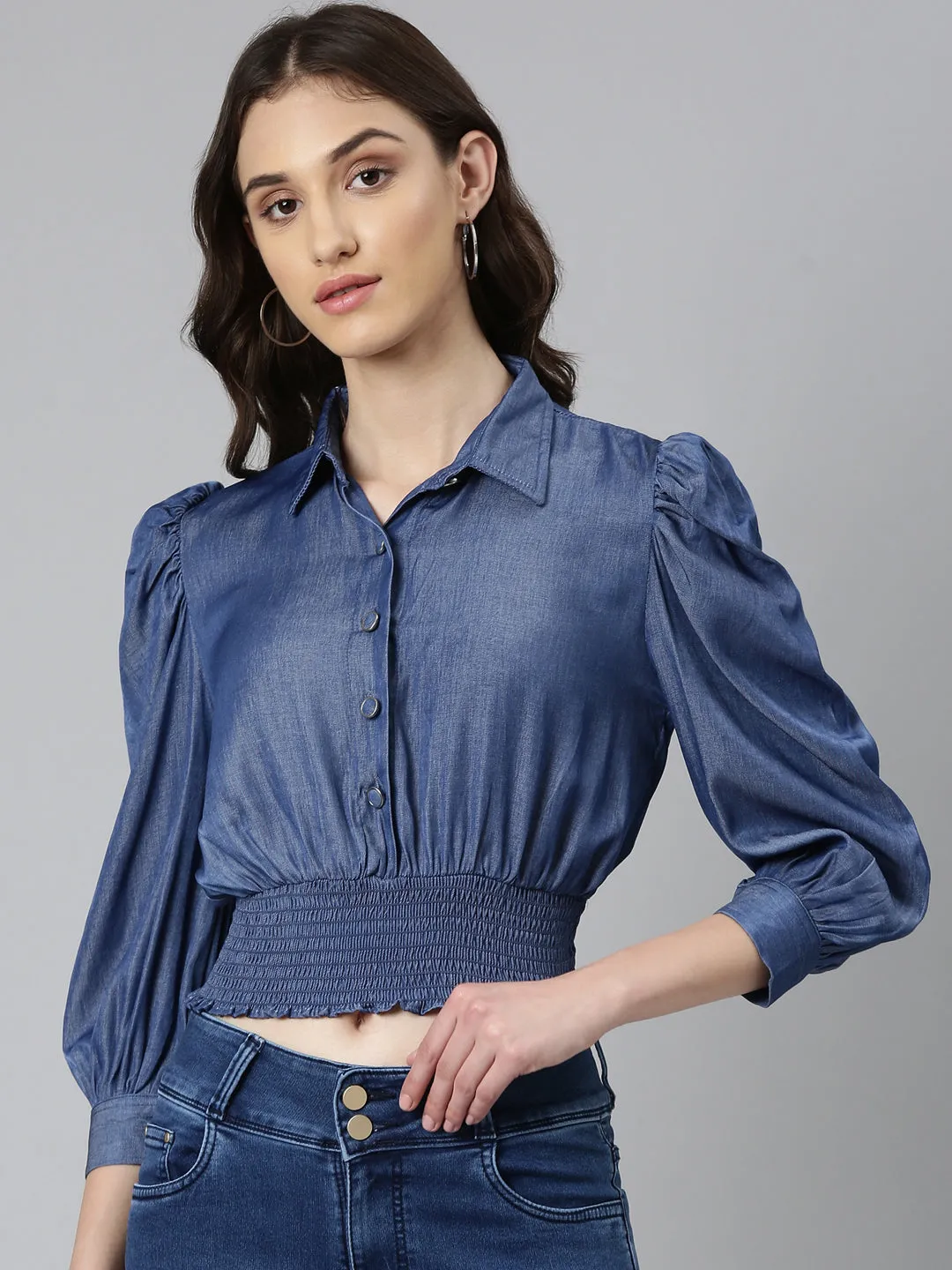 Women's Navy Blue Shirt Collar Cuffed Sleeves Smocked Cotton Shirt Style Crop Top Light Fashion