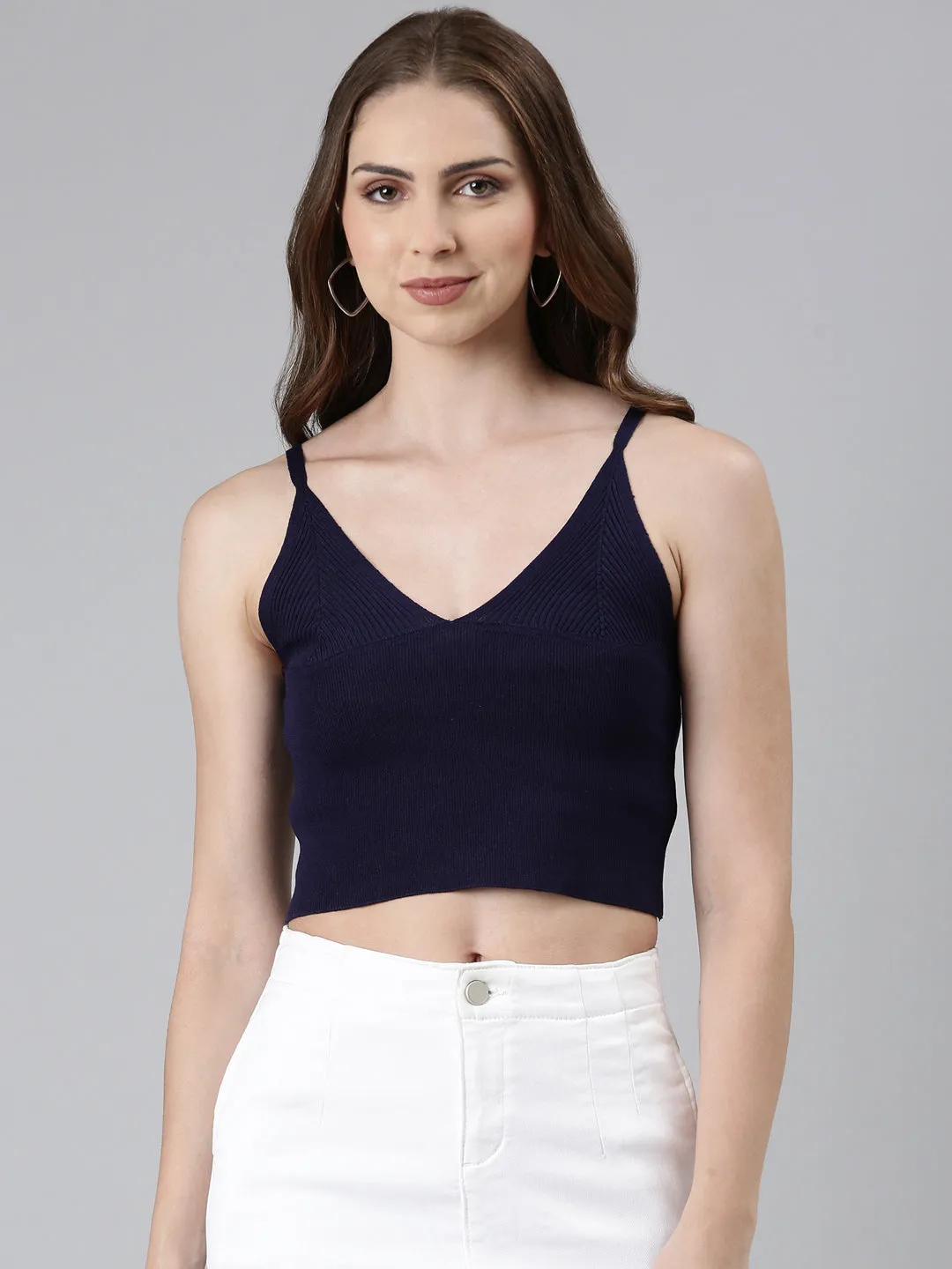 Women's Navy Blue Shoulder Straps Cotton Crop Top Sporty Layer Look Anti Pilling Surface