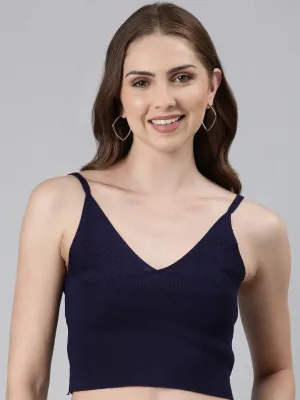 Women's Navy Blue Shoulder Straps Cotton Crop Top Everyday Chic