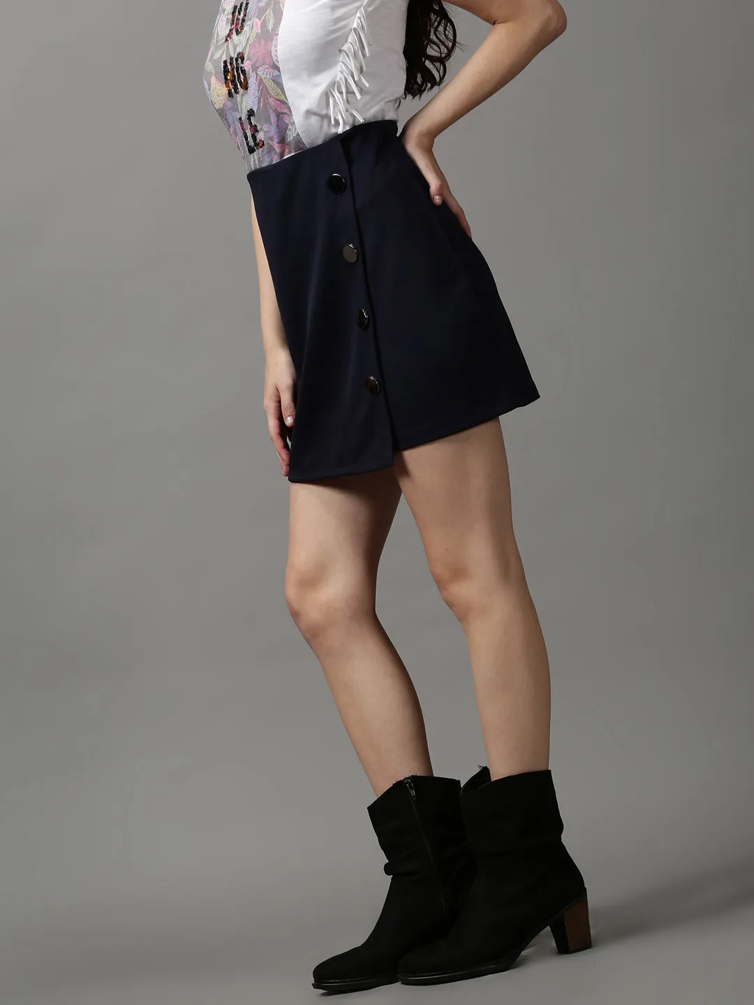 Women's Navy Blue Solid Mini A-Line Skirt Wrinkle Resistant Finish