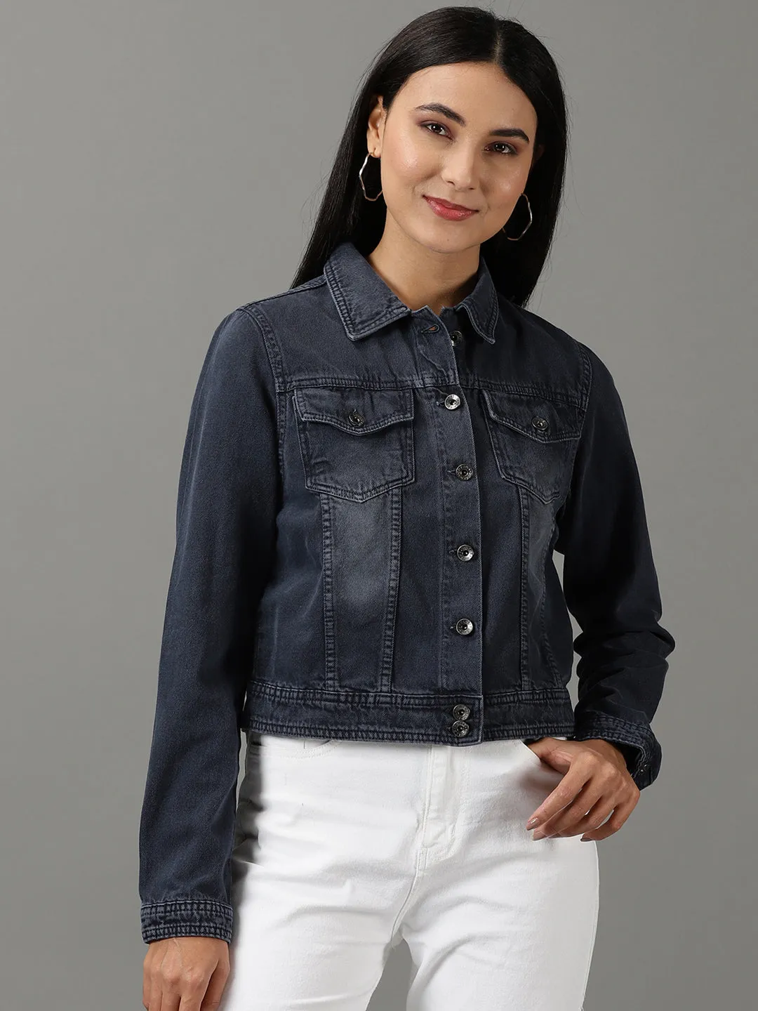 Compression Layer Women's Navy Blue Washed Crop Denim Jacket