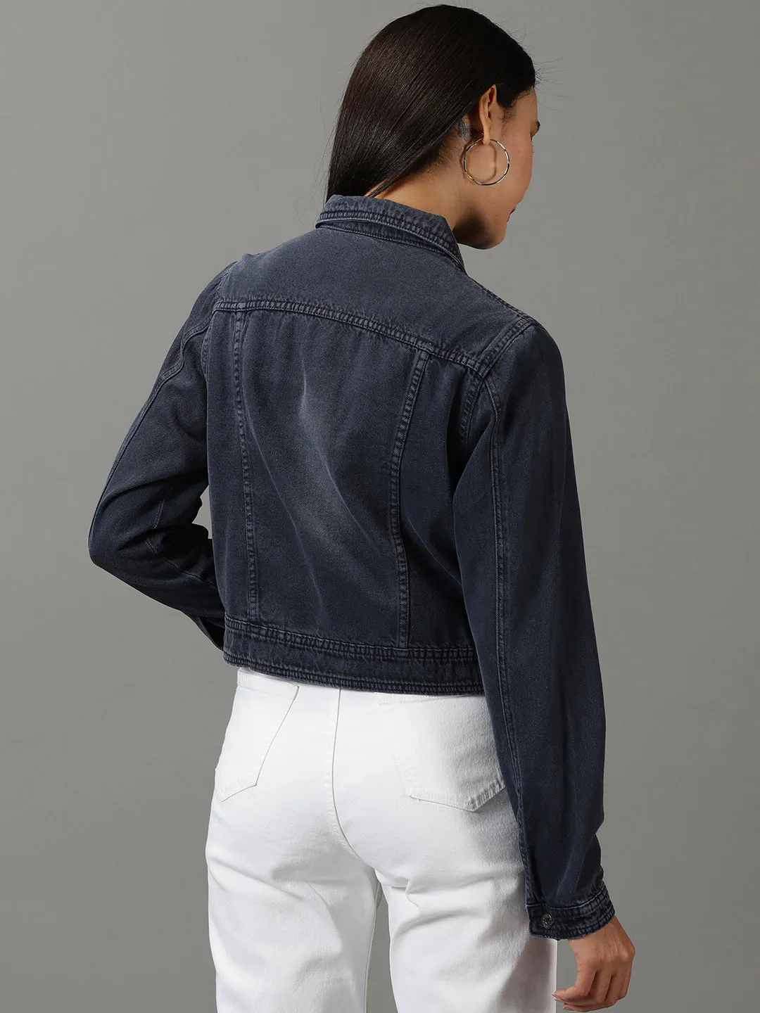 Women's Navy Blue Washed Crop Denim Jacket MultiPocket Layout