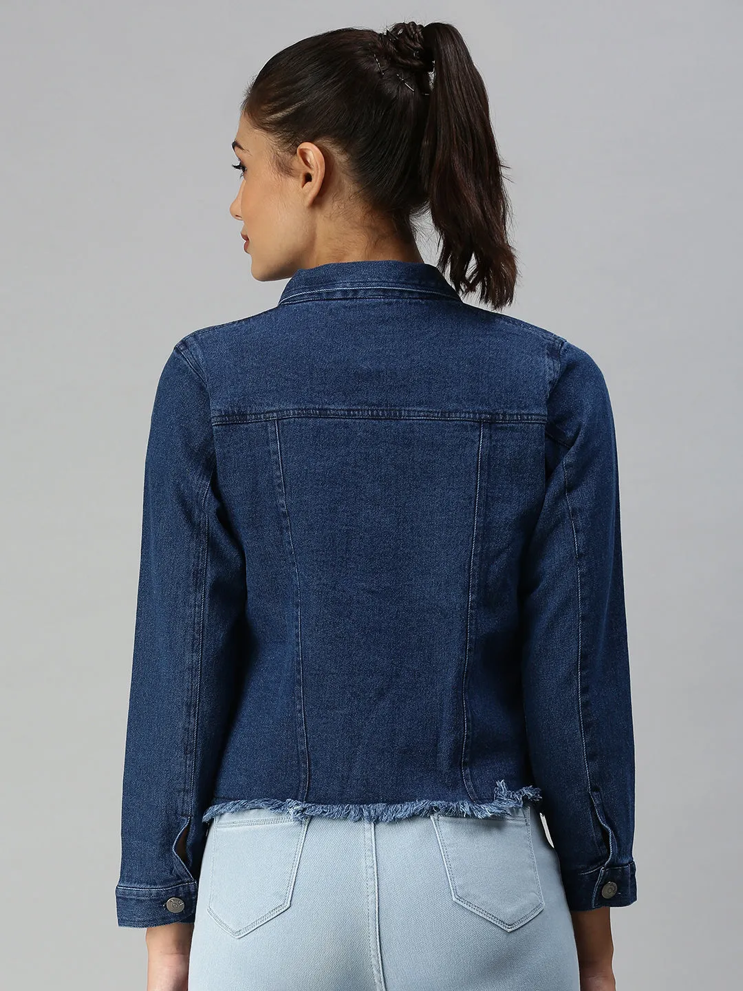 Weekend Ready Flexible Zipper Guards Women's Navy Blue Washed Denim Jacket
