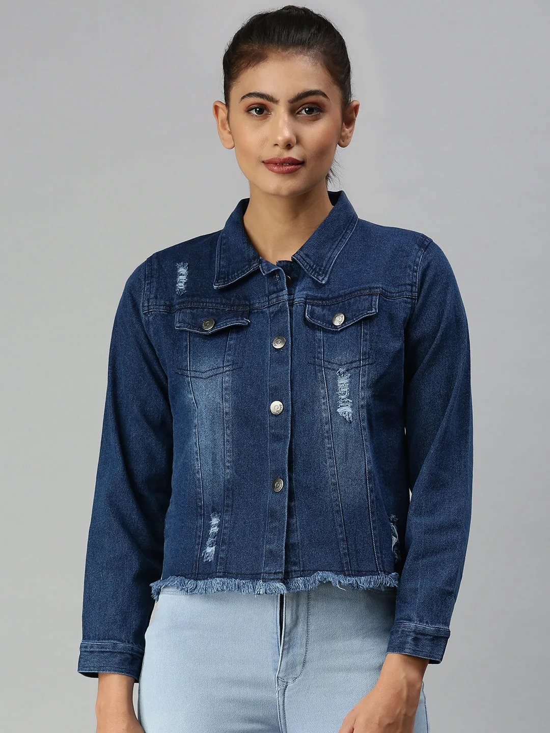 Tailored Cut Style Thermal Reflective Lining Women's Navy Blue Washed Denim Jacket