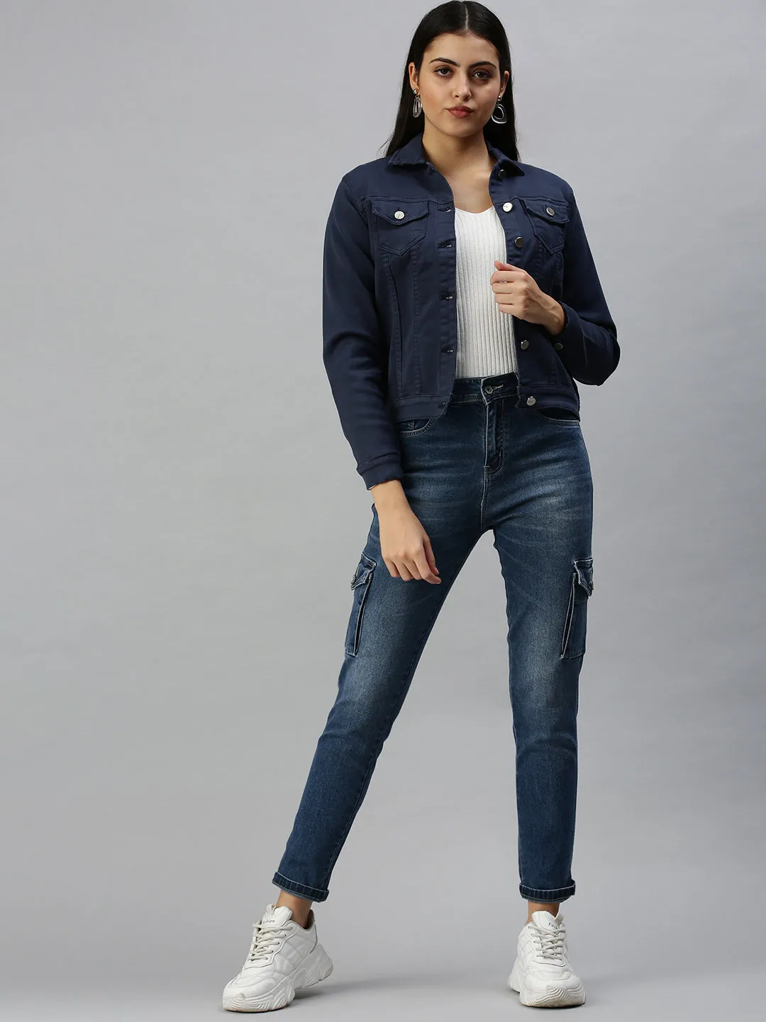 Women's Navy Blue Washed Denim Jacket Breathable City Style