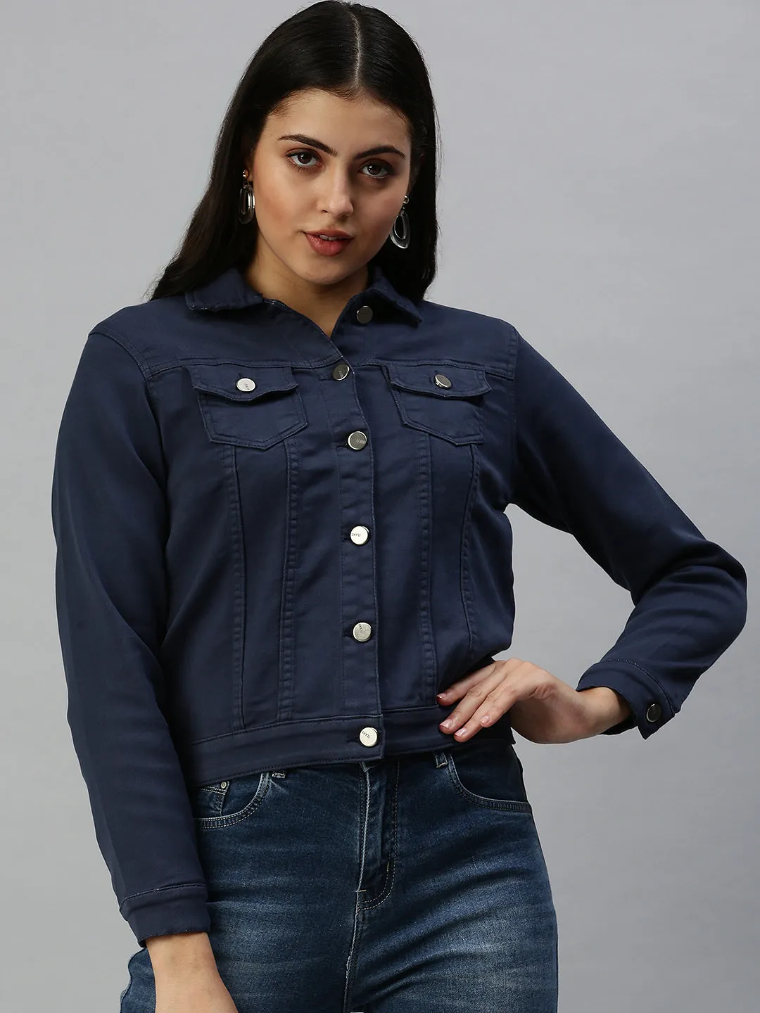 Women's Navy Blue Washed Denim Jacket AntiStaticCoating