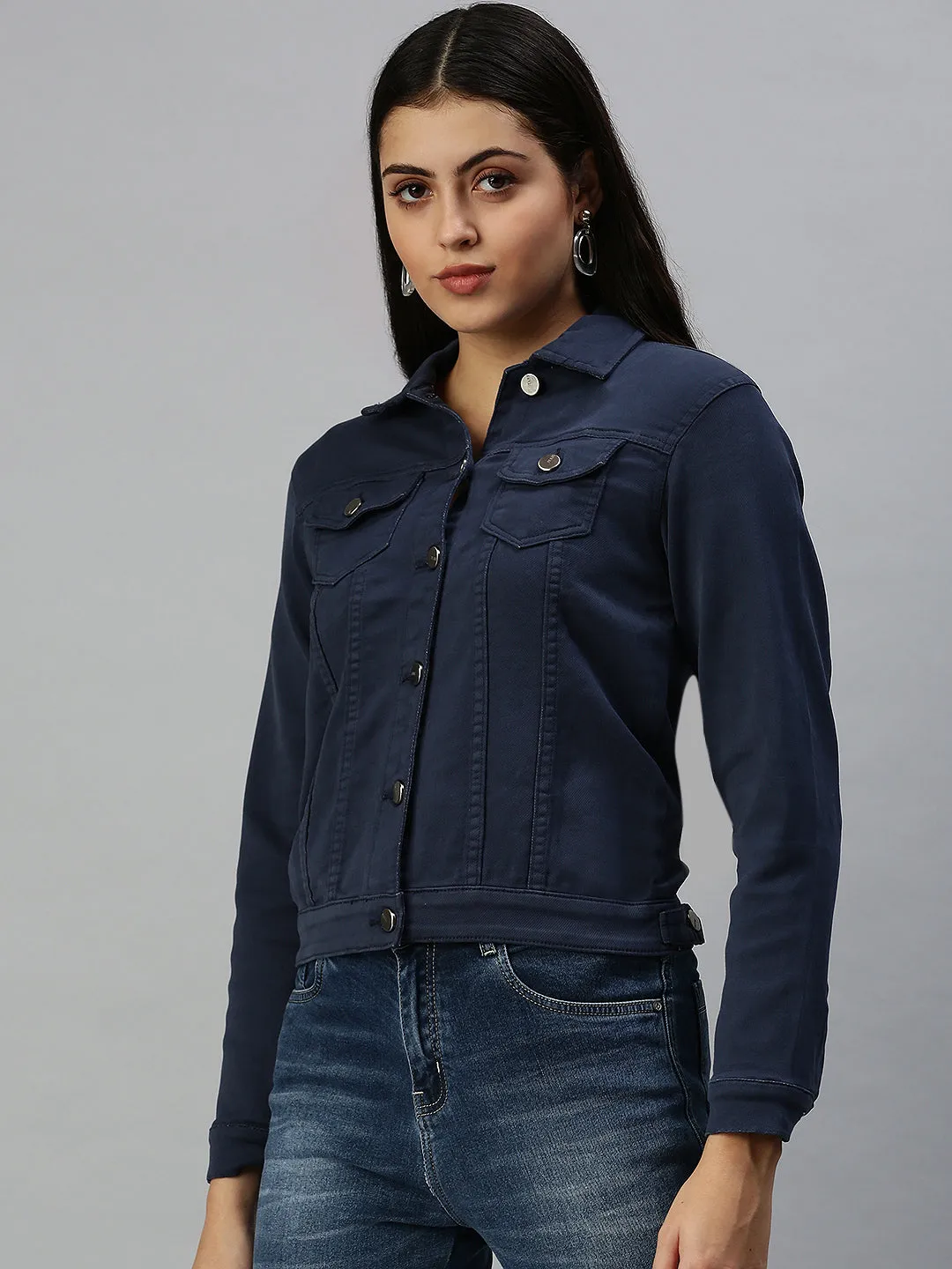Microfiber Blend Flatlock stitching Women's Navy Blue Washed Denim Jacket