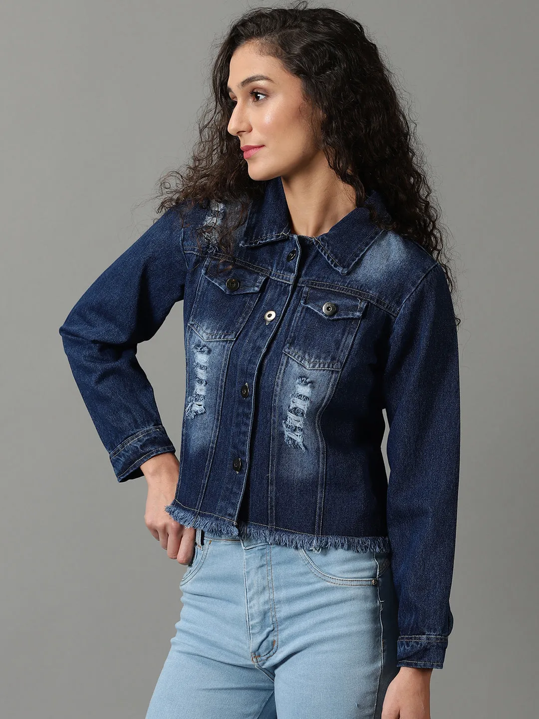 DoubleLayeredHem Ergonomic Fit Women's Navy Blue Washed Denim Jacket