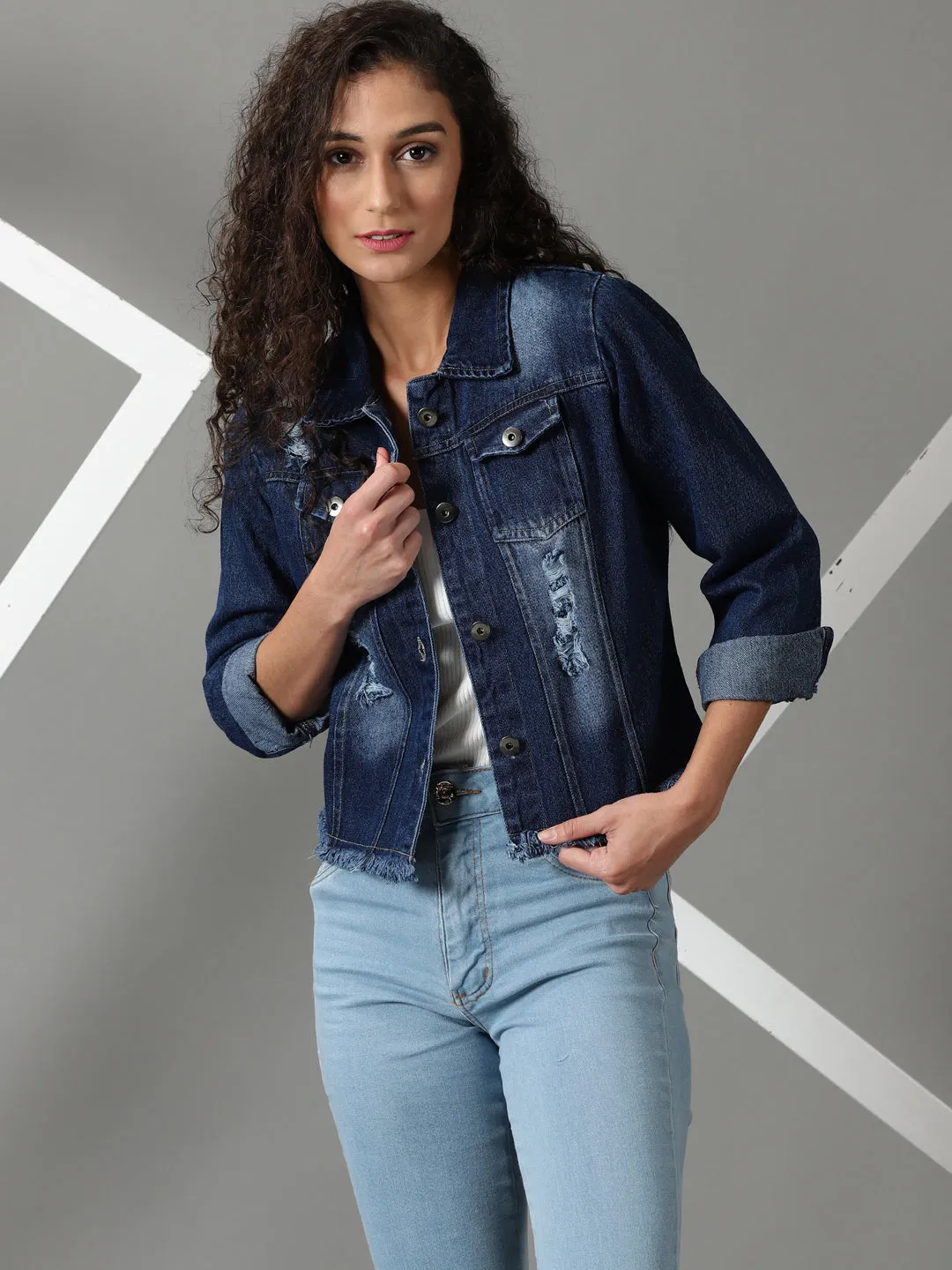 Women's Navy Blue Washed Denim Jacket Warmth Retention