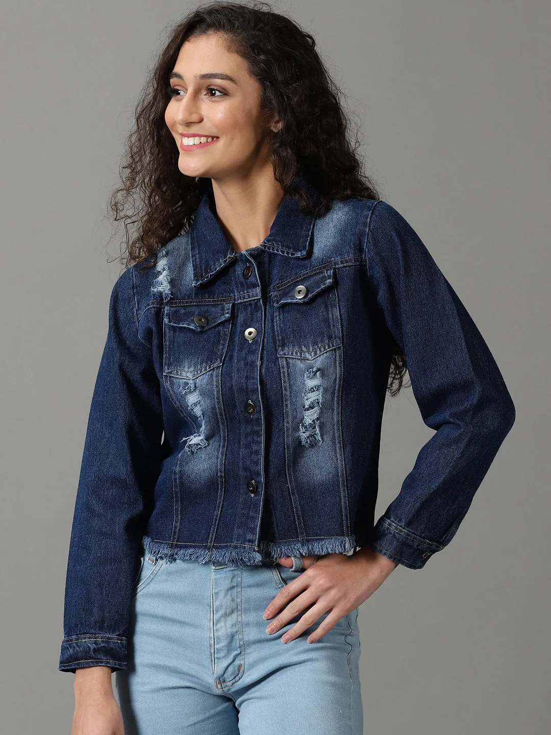 Women's Navy Blue Washed Denim Jacket Easy Clean Material