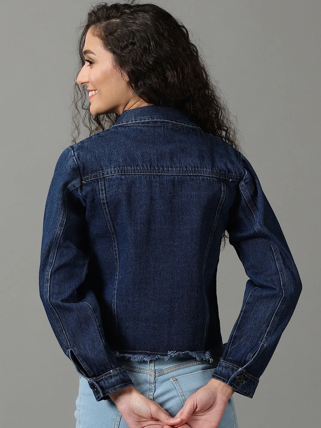 Women's Navy Blue Washed Denim Jacket Classic Urban Wear Dry Fast