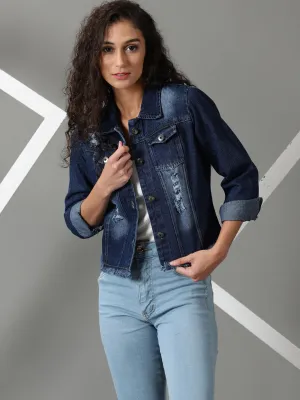 Women's Navy Blue Washed Denim Jacket Warmth Retention
