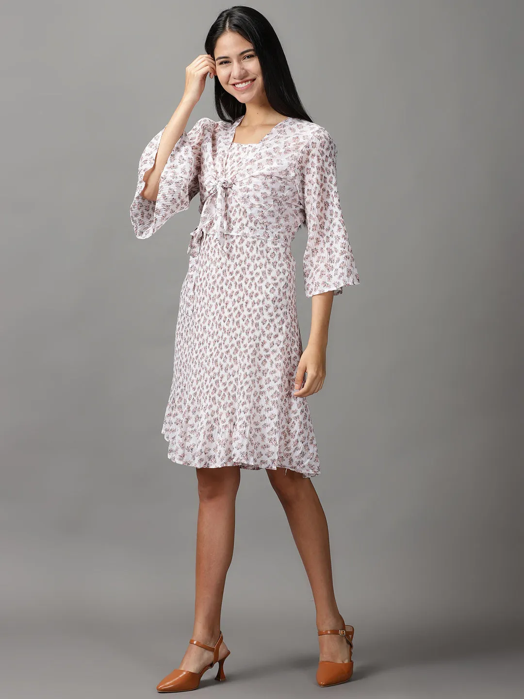 Women's Off White Floral Fit & Flare Dress Lace Accent Hook-And-Eye