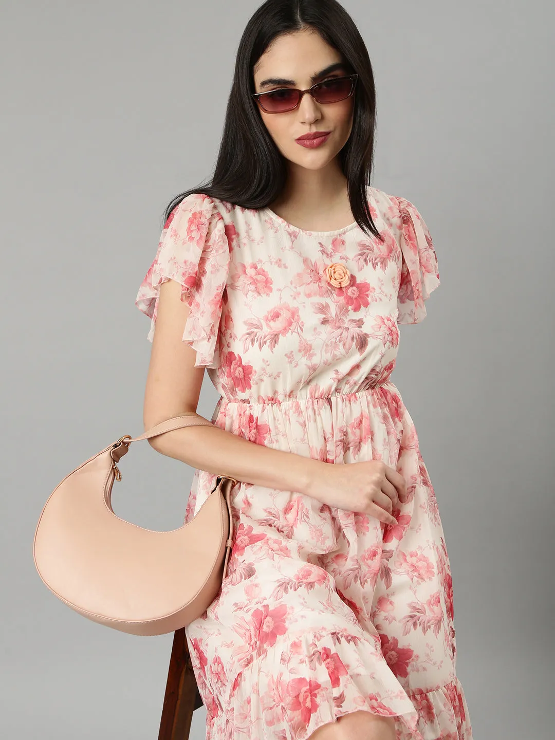 Women's Off White Floral Printed Flutter Sleeves Gathered & Tiered Detail Fit & Flare Dress Modern Layering Polished office dress