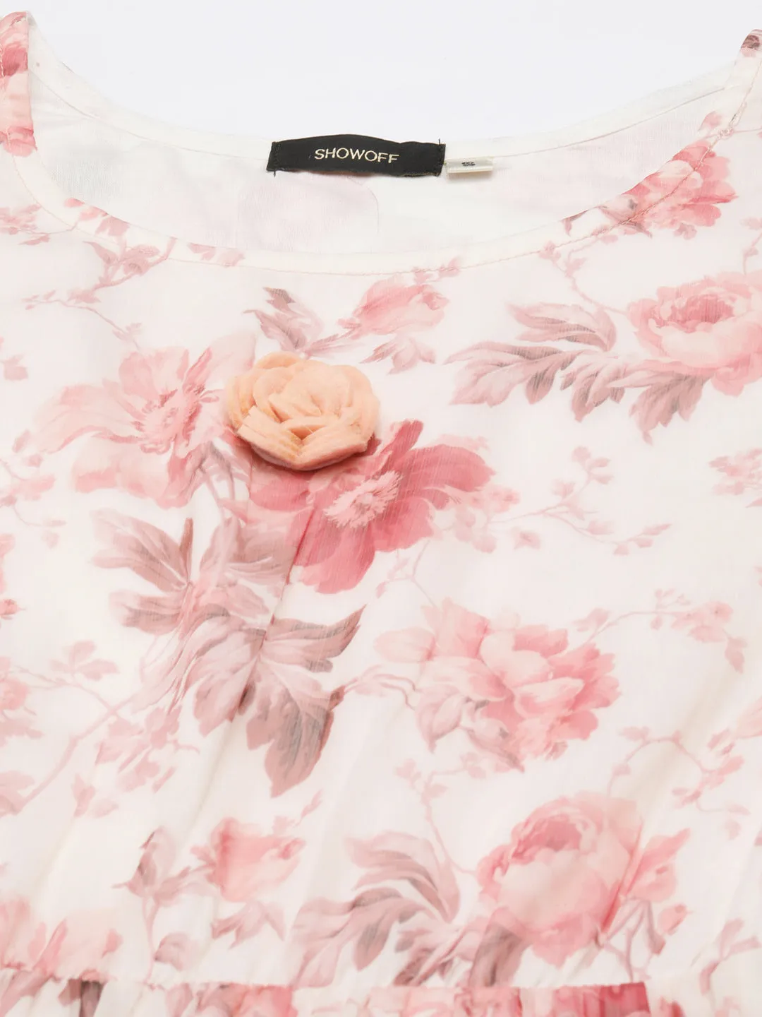 Quick Outfit Women's Off White Floral Printed Flutter Sleeves Gathered & Tiered Detail Fit & Flare Dress