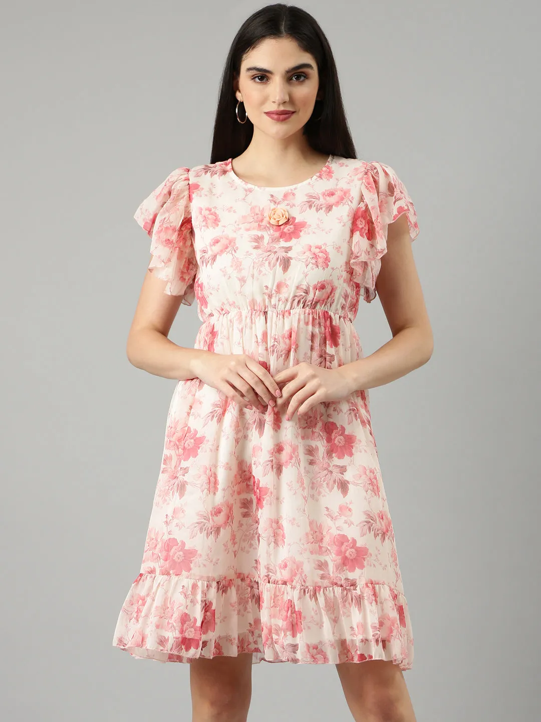 Linen Vibe Bright Colors Women's Off White Floral Printed Flutter Sleeves Gathered & Tiered Detail Fit & Flare Dress