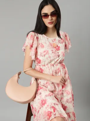Women's Off White Floral Printed Flutter Sleeves Gathered & Tiered Detail Fit & Flare Dress Modern Layering Polished office dress