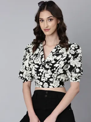 Women's Off White Floral Printed Puffed Sleeve Shirt Collar Wrap Crop Top Streetwear Comfy Wear