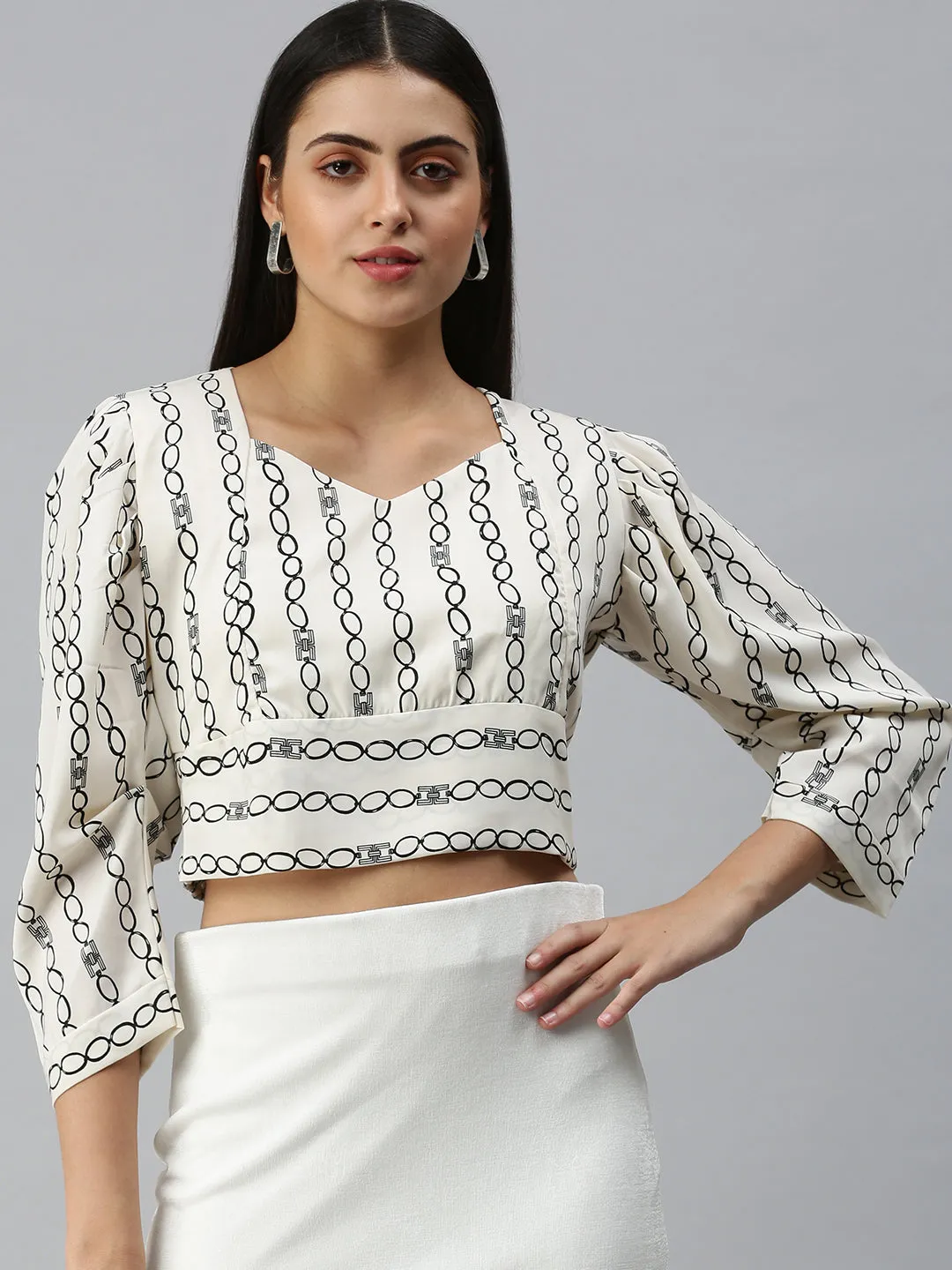 Women's Off White Geometric Printed Crepe Crop Top Comfy Casual Wear