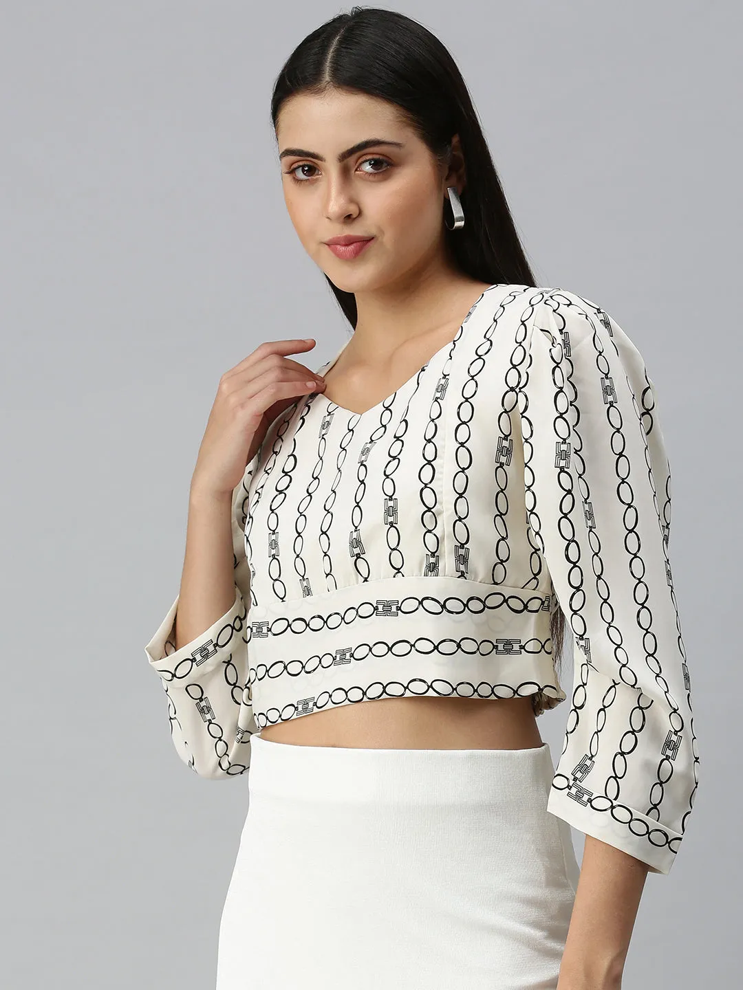 RelaxedFit Perfect Comfort Women's Off White Geometric Printed Crepe Crop Top