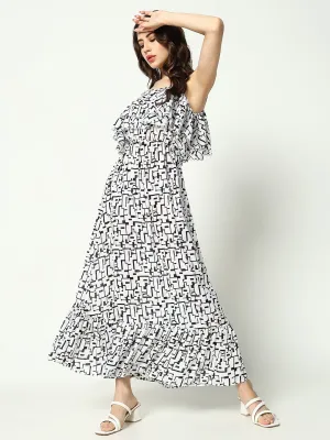 Women's Off White Off Layered Georgette A-Line Dress Relaxed Waist Fit