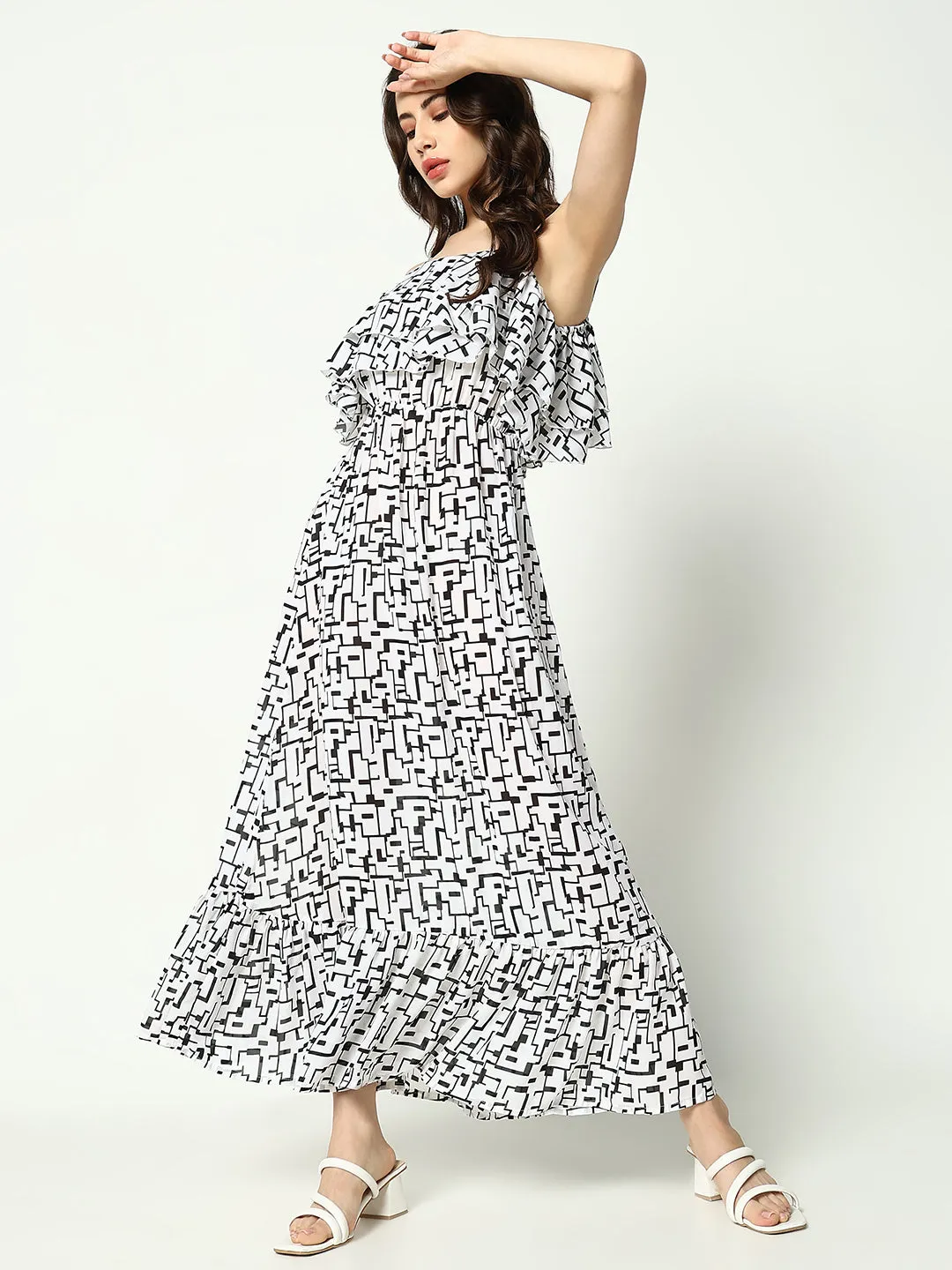 Women's Off White Off Layered Georgette A-Line Dress Relaxed Waist Fit