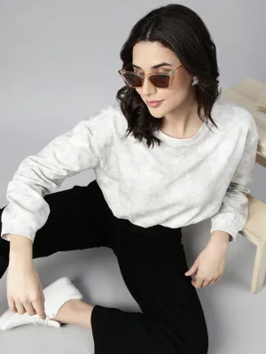 Smooth Jersey Texture Sporty Comfort Wear Women's Off White Round Neck Blouson Drop Shoulder Crop Top