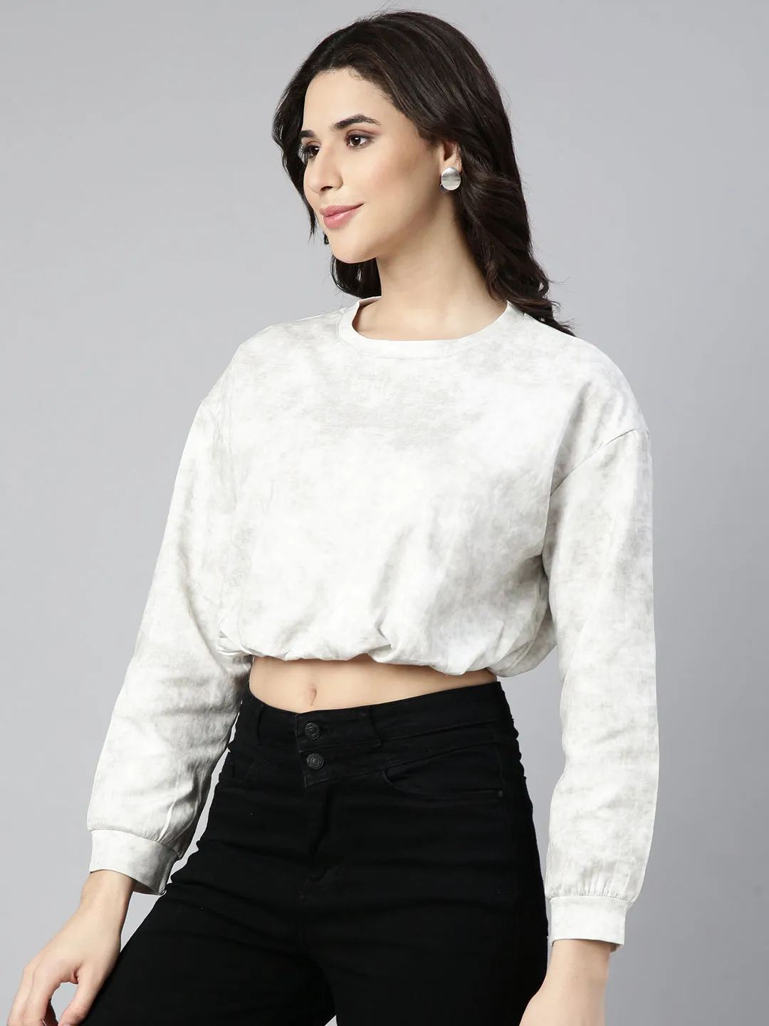 Women's Off White Round Neck Blouson Drop Shoulder Crop Top PocketDetail Seasonal top