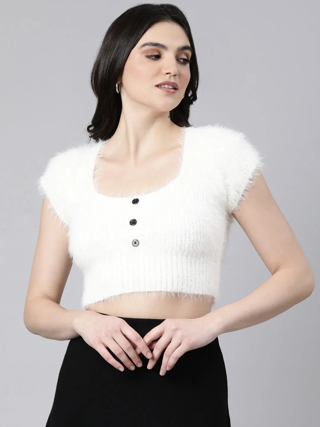 Women's Off White Round Neck Short Sleeves Opaque Fitted Casual Crop Top Classic Smart RecycledBlend