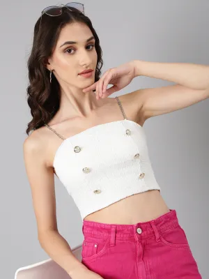 Women's Off White Shoulder Straps Sleeveless Textured Bralette Crop Top Weekend Essential