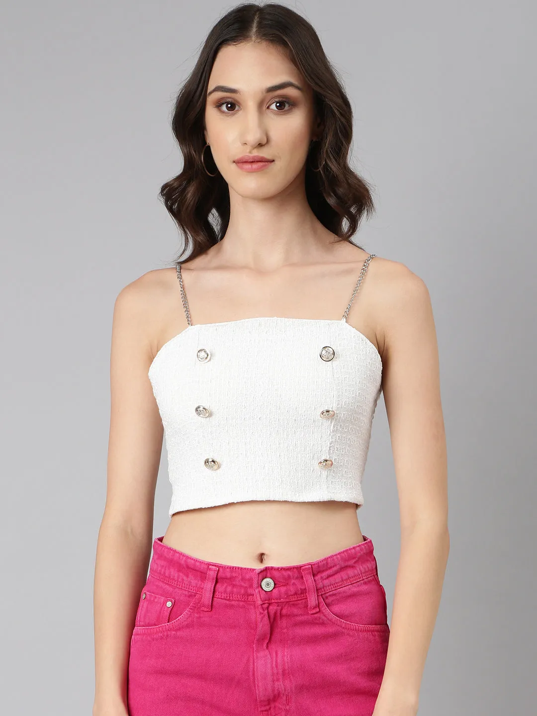 Oeko Tex Certified Street Casual Women's Off White Shoulder Straps Sleeveless Textured Bralette Crop Top