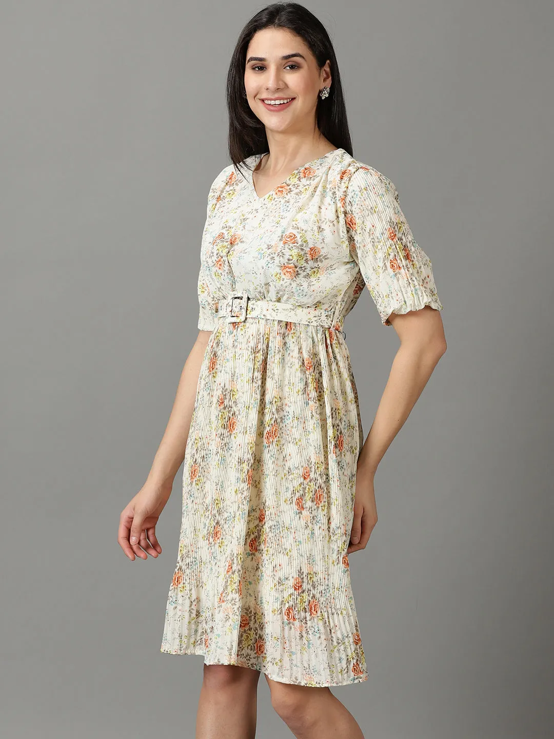 Bust-Enhancing Women's Off White V-Neck Floral Printed Fit and Flare Dress With Belt