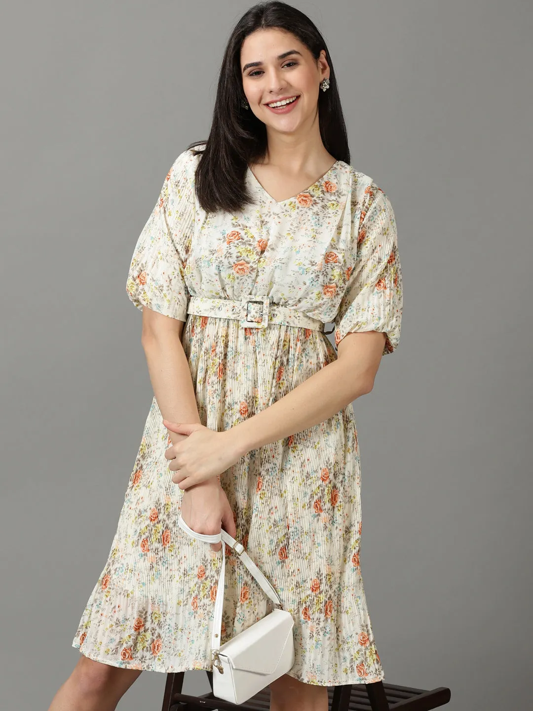 Women's Off White V-Neck Floral Printed Fit and Flare Dress With Belt Unisex Option