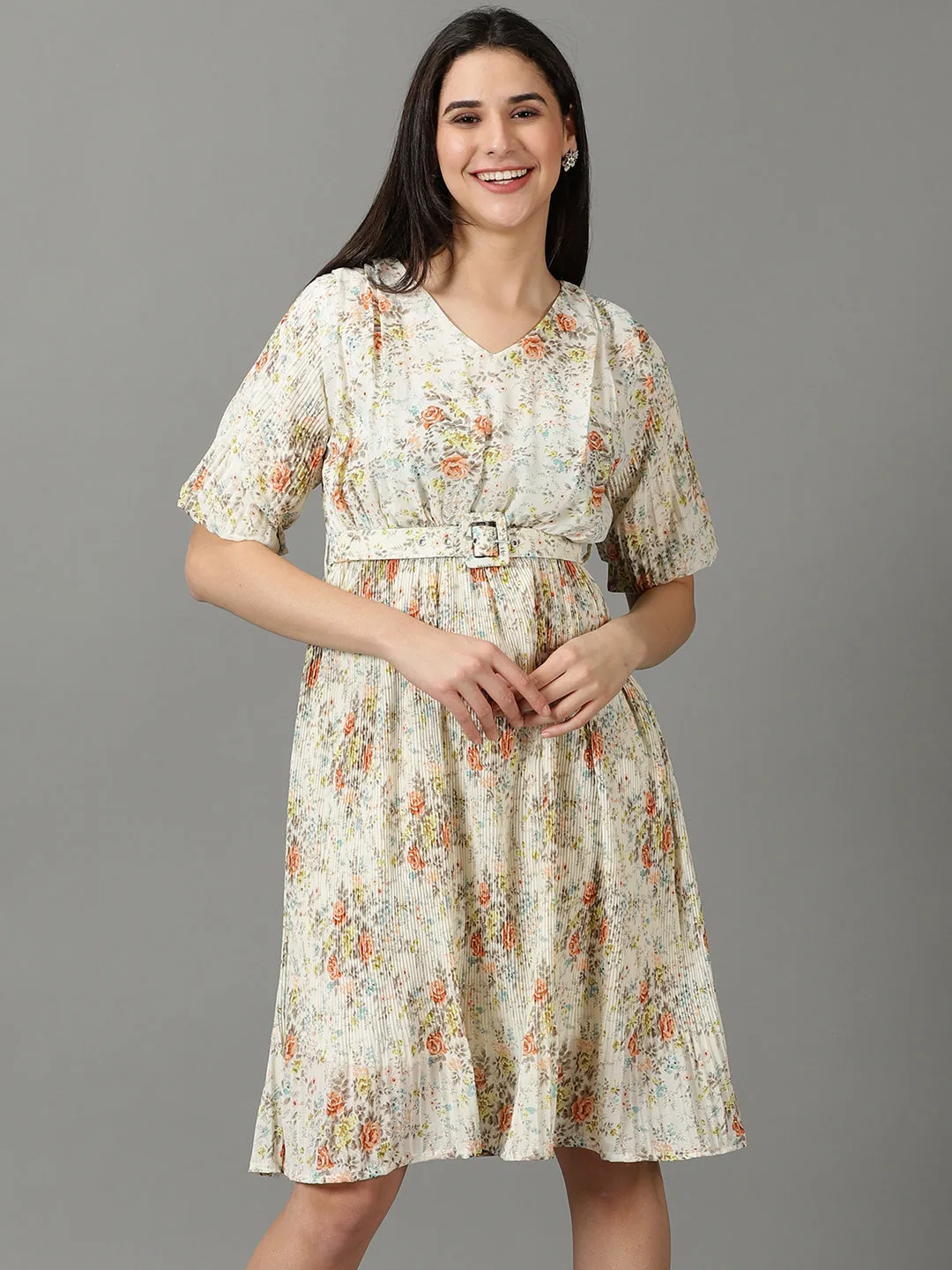 Women's Off White V-Neck Floral Printed Fit and Flare Dress With Belt Luxe Comfort Mature Glam