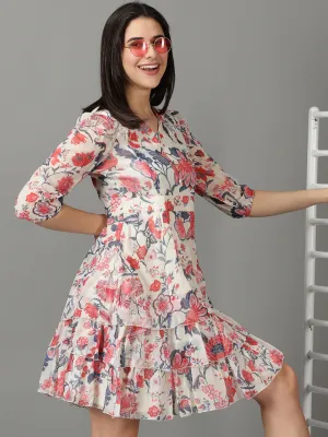 Women's Off White V-Neck Floral Printed Layered Chiffon Fit & Flare Dress Airy Fit